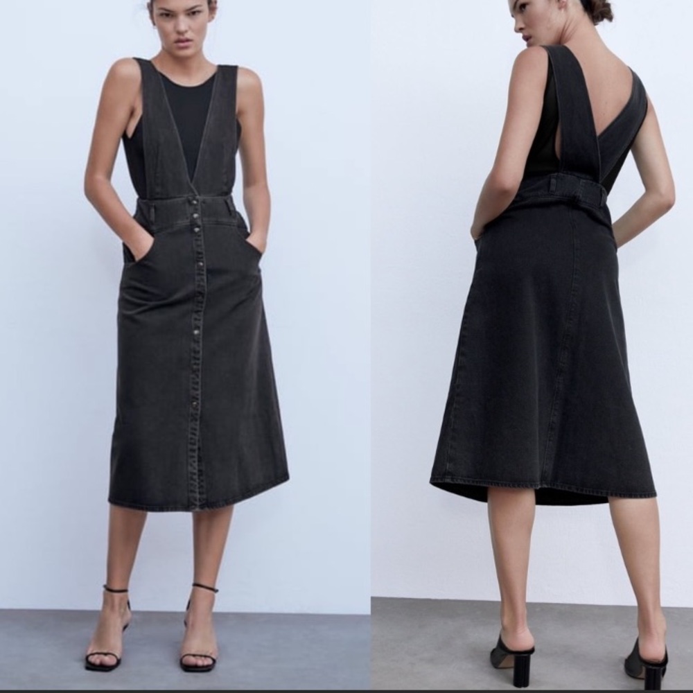 NWT Zara black denim midi pinafore overall button down dress size S